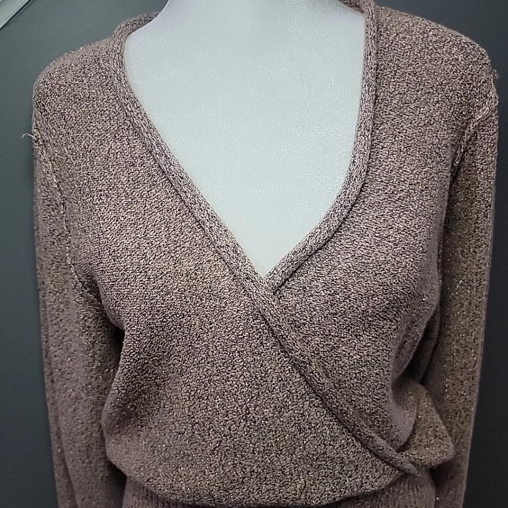 FREE PEOPLE S Going For Gold Wrap Sweater Dusty Rose Pink Knit Metallic V Neck - Picture 3 of 7